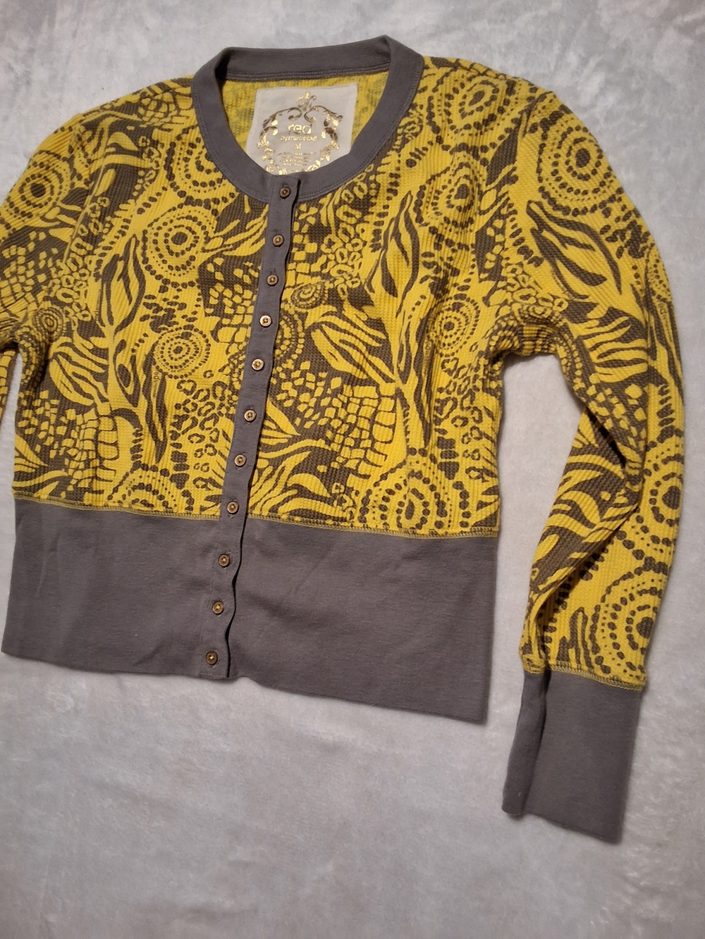 Marc Ecko Yellow and Gray Patterned Button Front Top